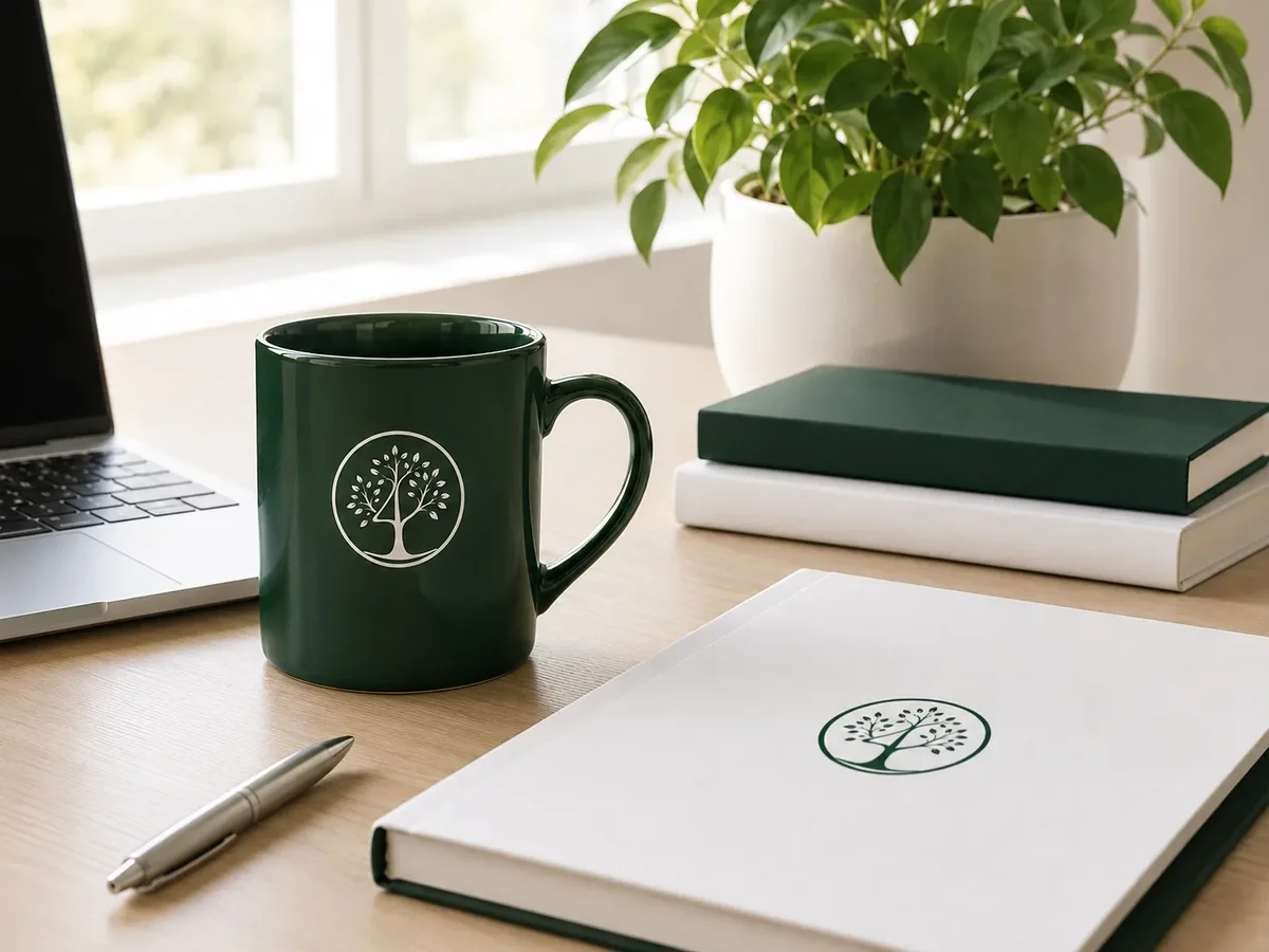 A desk with a Four Oaks mug, an open laptop, and a notebook