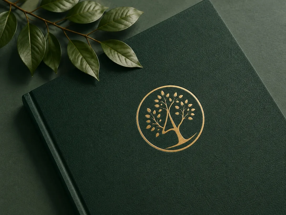 A leather journal embossed with the Four Oaks logo in gold foil