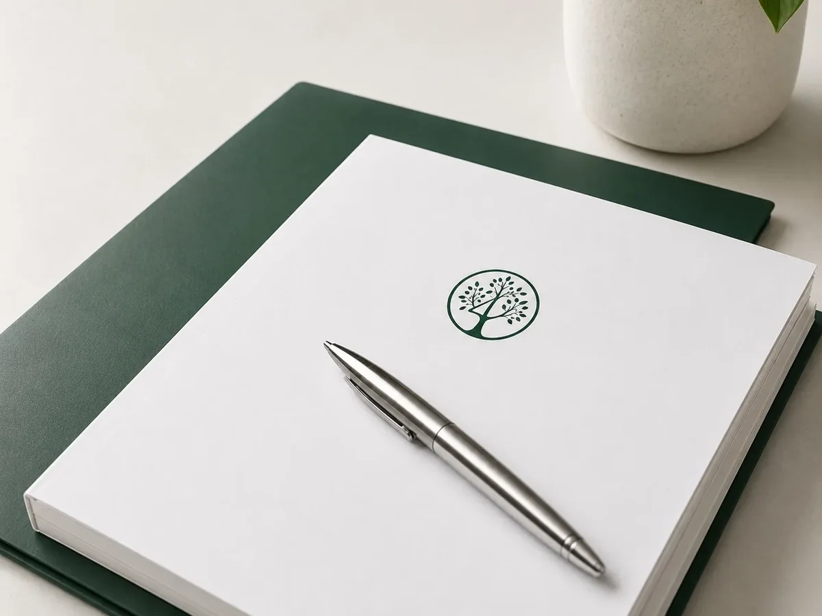 Four Oaks letterhead, envelope, and a fountain pen